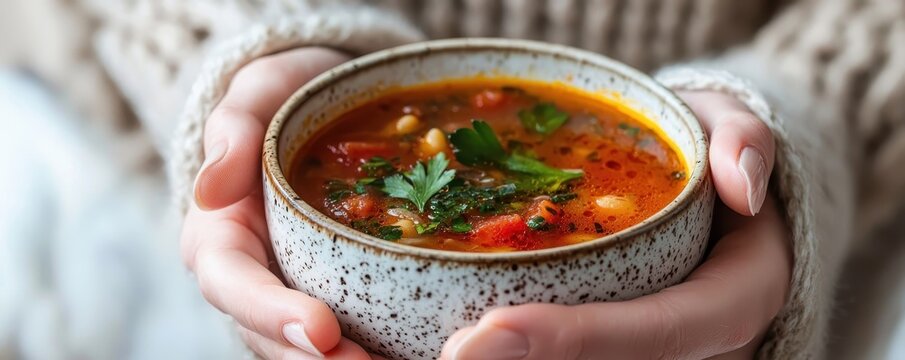 Warm, comforting homemade vegetable soup held in cozy hands, garnished with fresh herbs, offering a healthy and nourishing meal option.