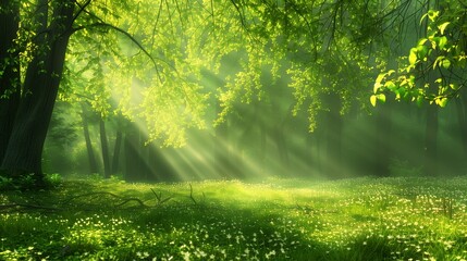 Fototapeta premium **: A serene spring forest scene with sunlight filtering through the leaves, creating a soft, golden glow over the lush green landscape.