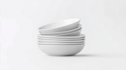 High-quality image of a stack of assorted white plates and bowls