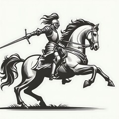 Knight on horseback wielding a sword in action.