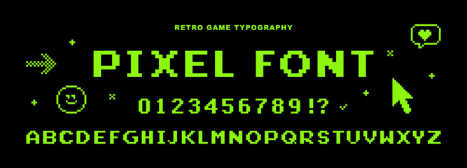 8 bit vintage computer letters and numbers. Y2k pixel alphabet. Video game abstract elements. 90s aesthetics font. Oldschool retro nostalgic typeface. Editable vector green element on black background