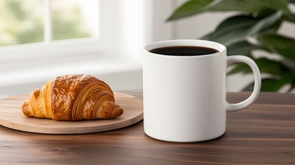 Hot coffee in a ceramic cup, placed beside a croissant on a rustic wooden surface, soft lighting