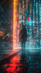 Obraz premium A lone figure stands in the middle of a futuristic neon lit cityscape on a rainy night creating a dramatic