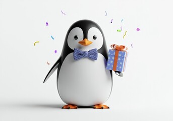 Fototapeta premium Adorable Penguin with Birthday Gift