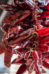 Piment d'Espelette, dried red hot chili peppers from Espelette village in Basque Country in mountains, France