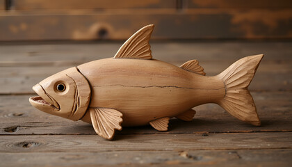 Carved wooden fish sculpture symbolizing craftsmanship and Christianity against rustic background