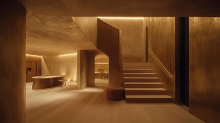 Modern Minimalist Interior with Warm Lighting and Curved Staircase in Contemporary Design, Featuring Smooth Textures and Elegant Focal Points for Elevated Aesthetic Appeal