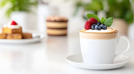 Cappuccino in a cafe setting, frothy milk art, accompanied by a plate of pastries