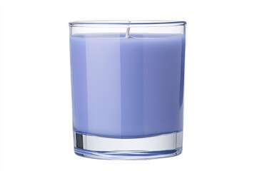 Blue scented candle in clear glass holder on white background
