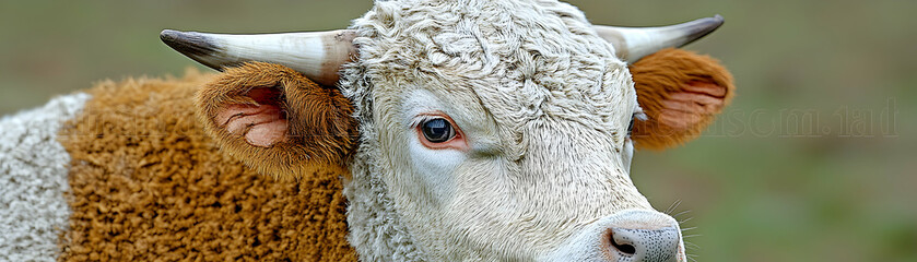 Close-up of a cow's head, showing its white and brown fur, horns, and expressive eyes.