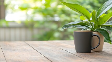 Hot drink in a travel mug on an outdoor patio table, early morning light, surrounded by greenery
