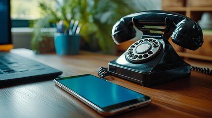 A classic black rotary phone sits beside a modern smartphone on a wooden desk, showcasing the contrast between vintage and contemporary communication technology. old vs new generation