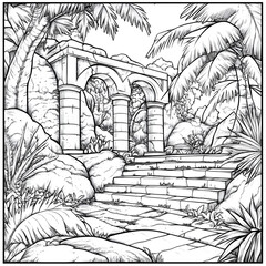 Naklejka premium Exploring ancient architecture tropical garden line art illustration serene environment elevated viewpoint architectural beauty