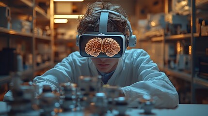Scientist Exploring Virtual Brain Model Through Holographic Interface in Laboratory