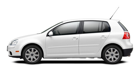 Modern European car with a side view, hatchback body, all white. In png format on a transparent background.