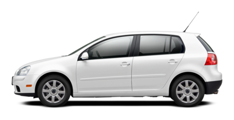 Modern European car with a side view, hatchback body, all white. In png format on a transparent background.