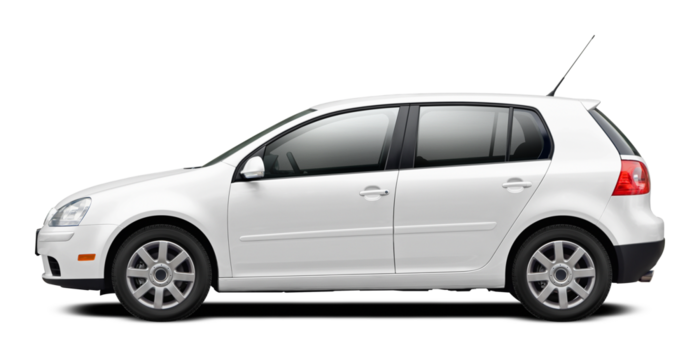 Modern European car with a side view, hatchback body, all white. In png format on a transparent background.