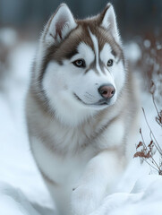 Naklejka premium Close-up of a Siberian Husky dog walking in snowy winter scene.