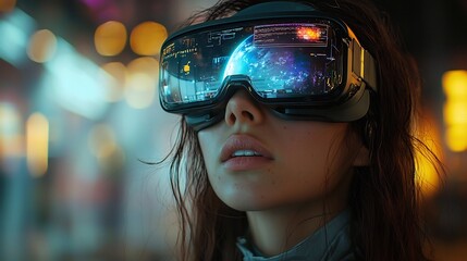 Woman Wearing VR Headset Floating in Zero Gravity Interacting with Projected Planet Earth in Space Station Simulation