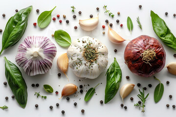 garlic and herbs isolated on white background, top view