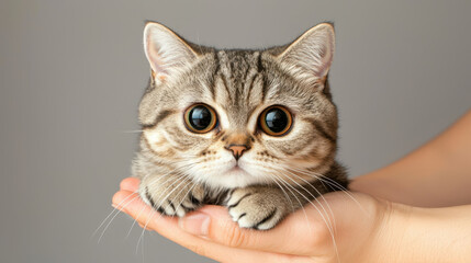 Obraz premium Scottish Fold cat with big eyes is being held in someone hand