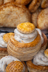 Stuffed puss pastry filled with meat pr muchrooms sauce, French cousune vol-au-vent starter dish