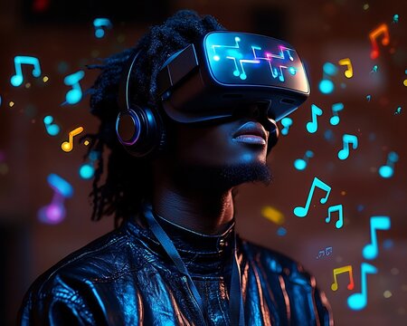 Musician Composing Music in a Vibrant Digital Space with VR Glasses and Floating Notes - Powered by Adobe