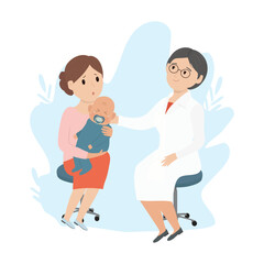 Visit to pediatrician. Crying baby and mom, medical check up. Sad girl at doctor appointment vector illustration