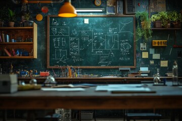 Vintage laboratory desk featuring scientific instruments, calculations, and a blackboard filled with complex formulas and diagrams, suggesting ongoing research and analysis