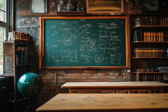 Vintage classroom interior with science formulas and diagrams drawn on chalkboard, globe, wooden tables and bookshelves, creating an educational atmosphere