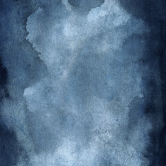 Navy blue watercolor painting background on original watercolour paper texture. Empty space backdrop for banner design, flyer, poster, cover, card. Abstract aquarelle brush strokes textures.
