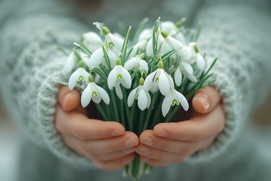 Kid holding delicate snowdrop flowers, symbolizing spring, renewal, and hope - Powered by Adobe