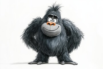 Fototapeta premium Cute cartoon gorilla with fluffy fur standing happily in a charming pose, inspired by children's illustrations, perfect for kids' content and playful themes