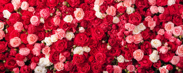 Panoramic background made of red and pinks roses flowers, valentine's day or wedding header or web...
