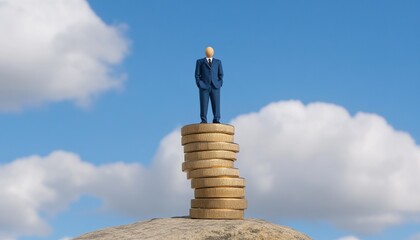 A business figure stands confidently atop a stack of coins against a blue sky, symbolizing success and financial achievement.