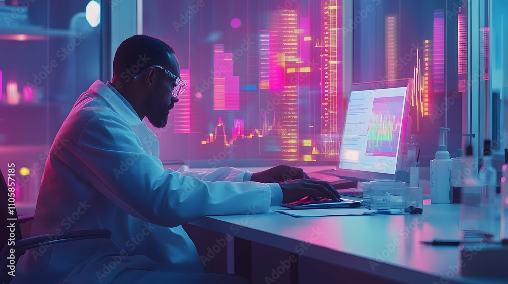 Aufkleber A doctor in a clean lab environment sits at a desk, analyzing a report with vibrant 3D data charts hovering.