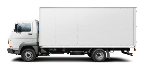 Classic all white European delivery truck. Side view isolated on white background.