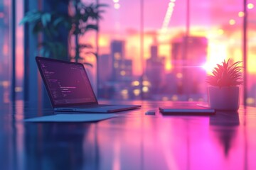 Modern office desk with an open laptop displaying source code, illuminated by the vibrant hues of a setting sun
