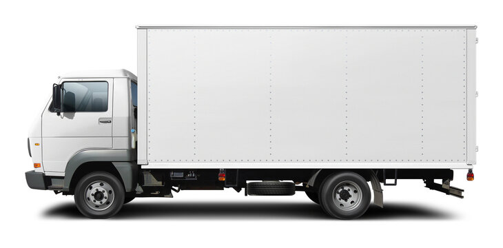 Classic all white European delivery truck. Side view isolated on white background.