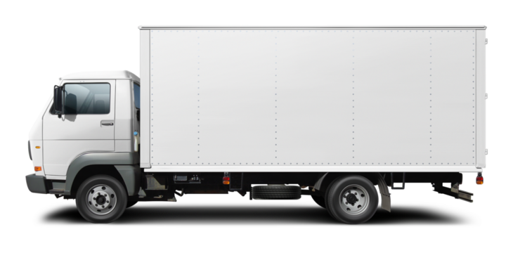 Classic all white European delivery truck. Side view isolated on white background.