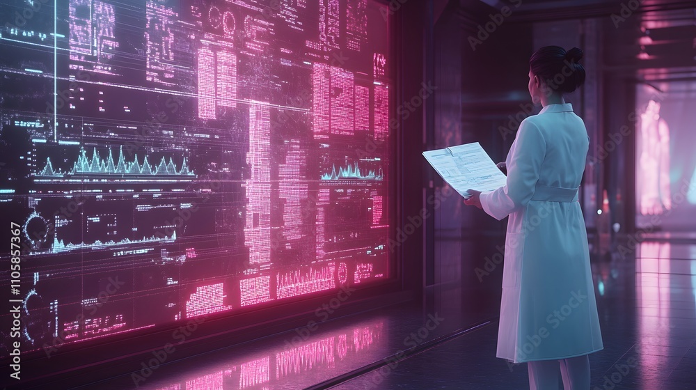 Poster A doctor in a clean clinical setting stands beside a large diagnostic screen, holding paperwork with glowing 3D medical graphs emerging dynamically.