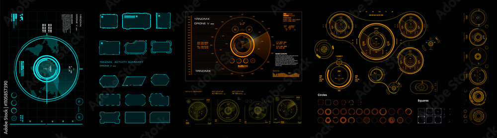 Poster big set hud interface elements. radars, frames and sights. collection futuristic radars and geolocat