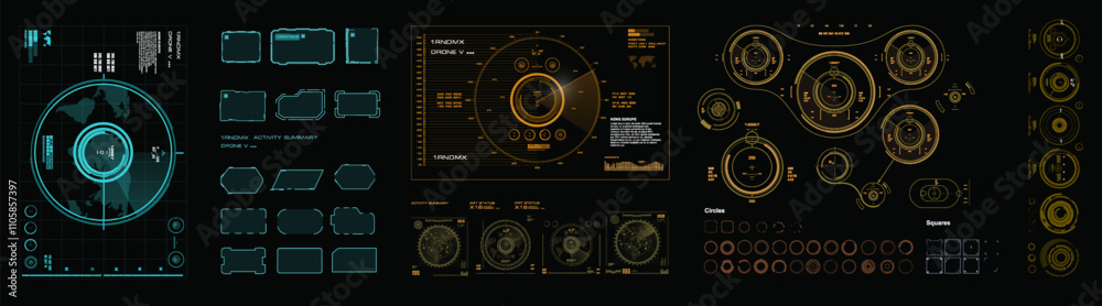 Poster big set hud interface elements. radars, frames and sights. collection futuristic radars and geolocat