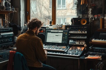 Music producer composing electronic music using computer and midi keyboard in home studio