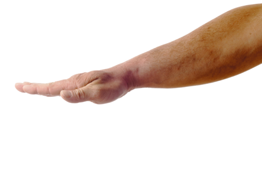 Adult male hand showing gesture holding down isolated on white