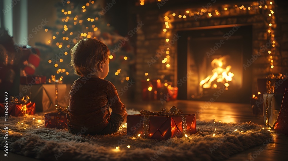 Poster a toddler sitting on a plush rug in front of the fireplace, surrounded by wrapped presents and glowi