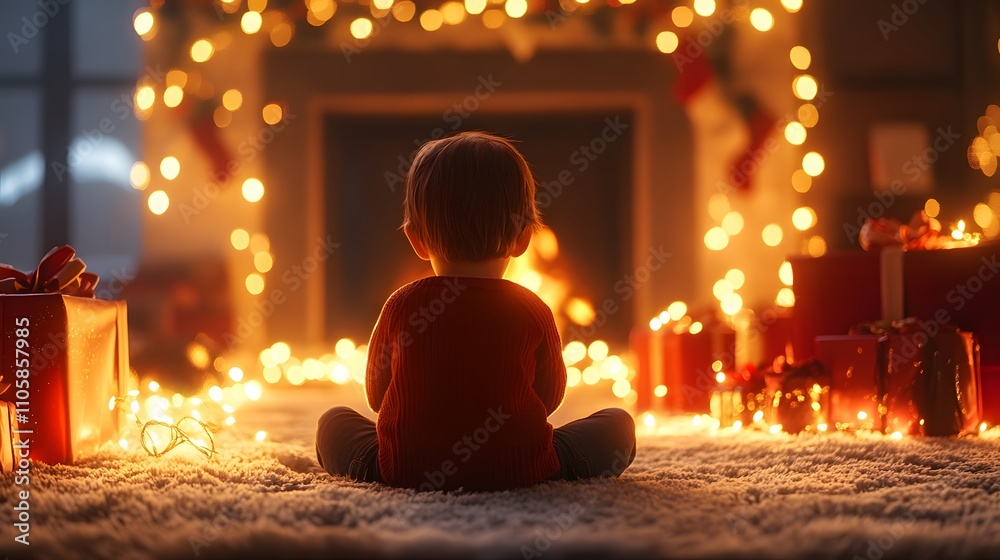 Poster a toddler sitting on a plush rug in front of the fireplace, surrounded by wrapped presents and glowi