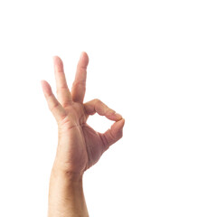 Adult male hand showing okay gesture isolated on white