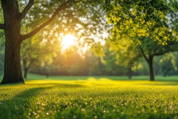 Fototapeta premium Golden sunlight filters through trees, illuminating a vibrant green grassy field in a serene park setting