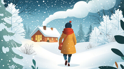 Cozy Cartoon of a Traveler in a Warm Coat Walking Through a Snowy Wonderland for Winter Travel Promotions 